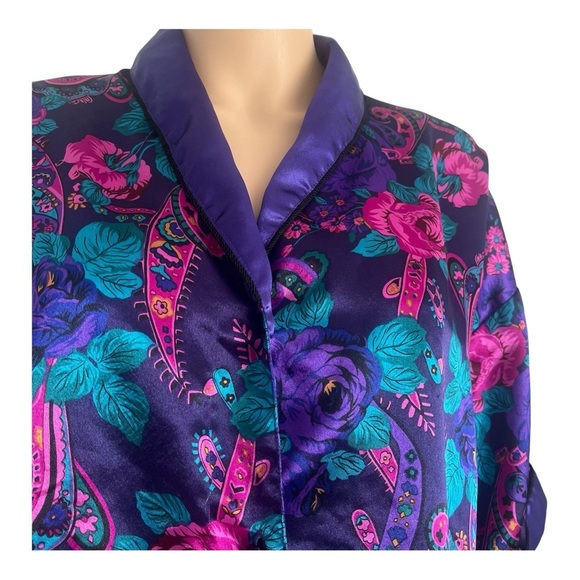 Jo Intimates casual purple floral pajama top Medium short sleeve button down - Picture 4 of 13